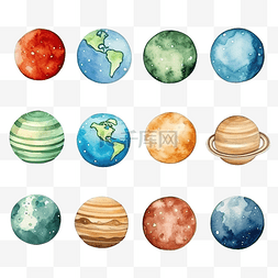地球水彩水彩插图与太阳系行星