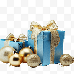 圣诞松枝吊球图片_有金弓的礼品盒和蓝色圣诞球的杉