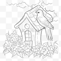 卡通鸟房子图片_用鸟舍和鸟类矢量页为可打印的儿