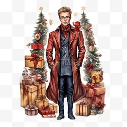 外套里有圣诞快乐装饰品的先生的