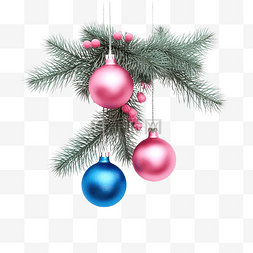 绿色云杉树枝和圣诞蓝色和粉色球