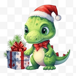 可爱的恐龙圣诞快乐与水彩插图集