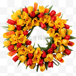 手绘树叶png图片_红色郁金香和黄色水仙花的花环