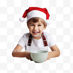 儿童制作蛋糕图片_戴着圣诞老人助手帽子的有趣男孩