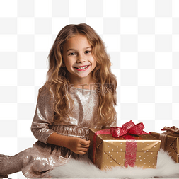 美丽的女孩坐在圣诞树下她的礼物