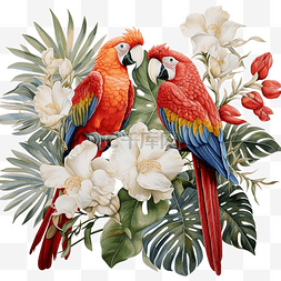 红色金刚鹦鹉图片_热带叶花上的凤头鹦鹉和猩红色金
