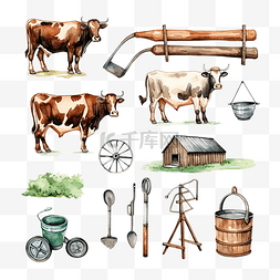 农场牛图片_水彩农场设备工具元素收藏套装作