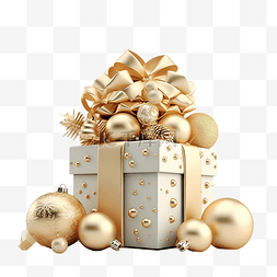 圣诞节樱桃装饰品图片_3D 渲染惊喜礼品盒，配有金色雪花