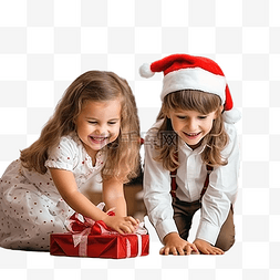 孩子们的拥抱图片_圣诞节那天，戴着圣诞帽的孩子们