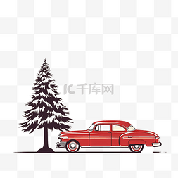 卡风景卡通图片_顶上有树的复古红车圣诞景观卡设