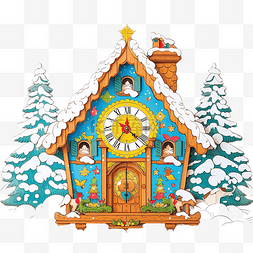 雪地里小屋图片_圣诞玩具布谷鸟钟，在白雪皑皑的