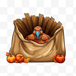 感恩节快乐，火鸡鸟躲在袋子下
