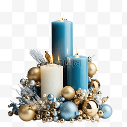 蓝色圣诞装饰图片_带有蜡烛和蓝色和金色装饰的圣诞