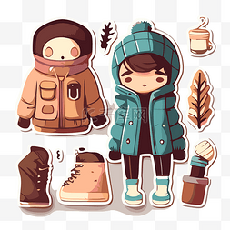 冬季保暖服装图片_卡通贴纸系列，其中有一个老人和