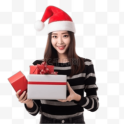 女孩拿着礼品盒用圣诞节道具配件