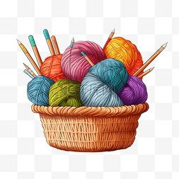 一篮子彩色纱线和织针的插图
