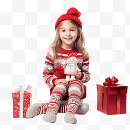 一个穿着圣诞服装的小女孩拿着一