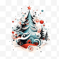 抽象插画树图片_手绘抽象圣诞快乐卡通插画