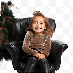 时尚小椅子图片_有趣的小女孩在圣诞树前的椅子上