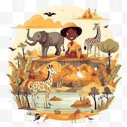 沙漠场景卡通图片_非洲剪贴画 一个非洲女孩与猫和