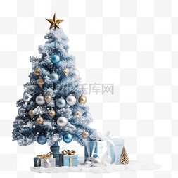 蓝桌上有圣诞装饰的雪圣诞树