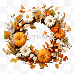 水彩手绘花和叶图片_感恩节花环，南瓜和白花