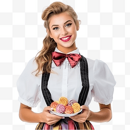 时髦的女人图片_穿着服务员服装角色扮演游戏的糖