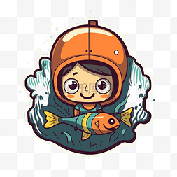 潜水游泳图片_戴着潜水头盔和鱼的可爱小女孩 