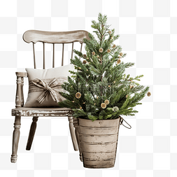 椅子上盆里的圣诞树枝