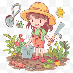 园艺剪贴画可爱的女孩与园艺工具