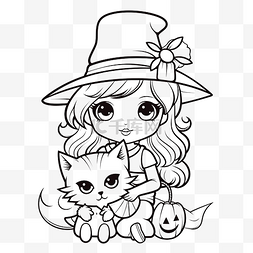 小帽子矢量图片_小女巫与小猫万圣节着色页