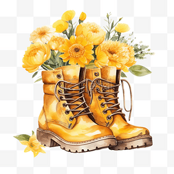 蓝色靴子图片_水彩黄色靴子与花朵