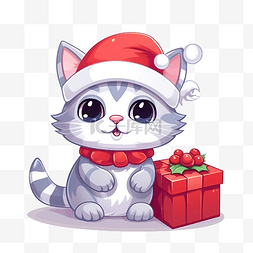 圣诞节时带铃铛和礼物的卡通猫动