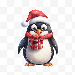 可爱的企鹅角色戴着圣诞帽拿着礼
