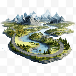美丽风景与山路和河流的 3d 插图