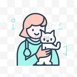 女兽医医生与猫矢量线艺术插画