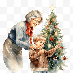 礼物带字图片_插画圣诞贺卡奶奶带着孙子在装饰