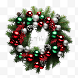 圣诞花环绿松枝和红银圣诞球