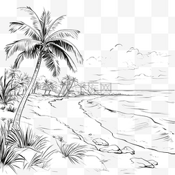 岩石海滩图片_海滩风景黑色素描轮廓与棕榈树和