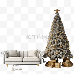 现代美丽的客厅室内设计和圣诞树