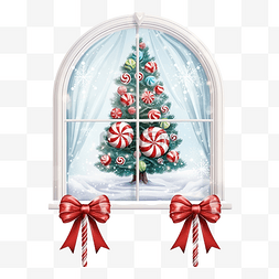 有雪棒棒糖和圣诞树的圣诞窗