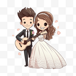 可爱卡通漂亮新娘新郎情侣弹吉他