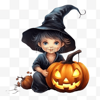 十月可爱的男孩戴着女巫帽,带着万圣节南瓜杰克 o 灯笼戏法或治疗魔法