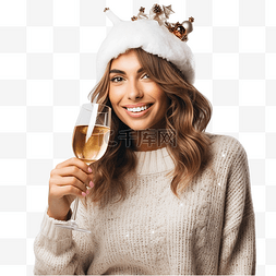 穿着毛衣和圣诞帽喝香槟的漂亮女