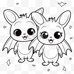 两只可爱的小蝙蝠着色页轮廓素描