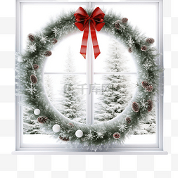 窗户上的云杉树枝圣诞圈，带有户