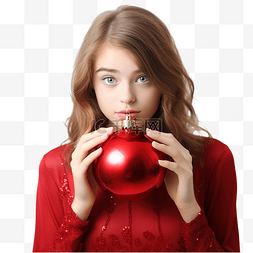 红色的节日快乐图片_美丽的少女在圣诞树上摆着红色的