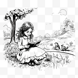 一个年轻女孩在大自然中野餐和读