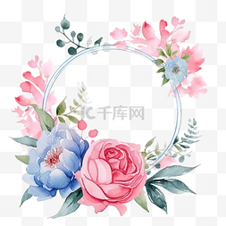 花束粉红图片_粉红玫瑰和牡丹花花束花环，蓝色