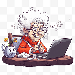 快乐阅读卡通图片_有趣的奶奶坐在桌边，拿着笔记本